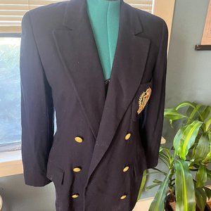 Vintage 80s Ellen Tracy Linda Allard Wool Navy Jacket with Embroidered Crest - 1
